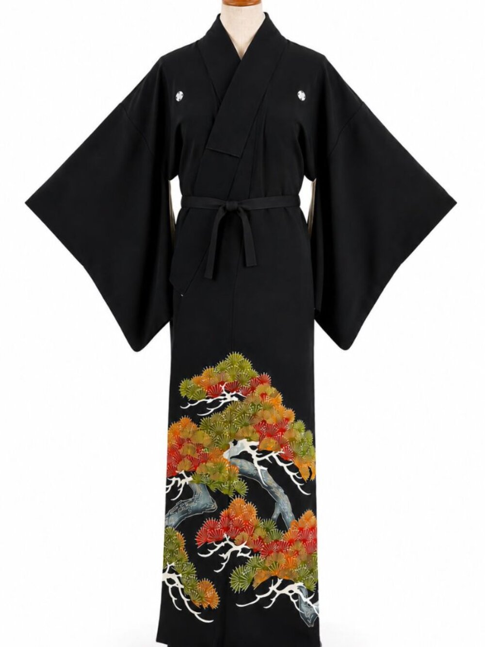 Vintage Japanese Kurotomesode Kimono Silk Crepe Pine Gold Embroidery 5 Mon Matsu